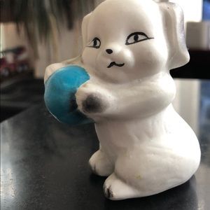 Vintage puppy holding a ball hand painted bisque